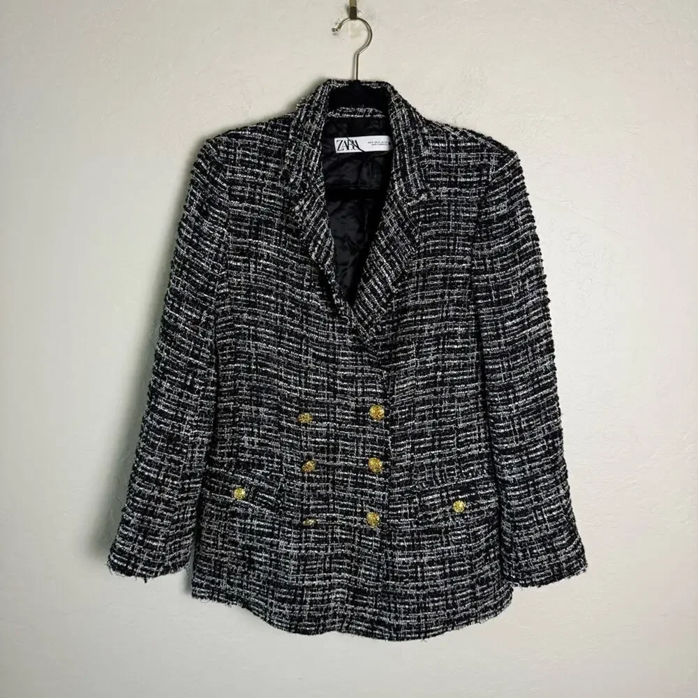 Zara Black Double Breasted Textured Tweed Blazer Small